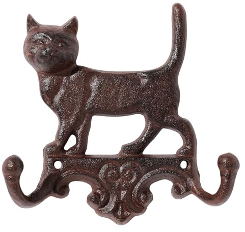 HonorHut Cat Double Hooks with Screws Rustic Heavy Duty Wall Hooks | Vintage Decorative Back Door Key Hangers Wall Mounted Hooks for Dog Leads Umbrella Coat Hat