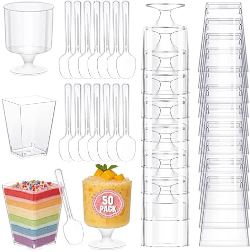 Tiusixsy 50 piezas Vasos de postre, Vasos de PláStico Transparentes de 150ml con Cuchara para Helado, Reutilizables, para postres, mousse, pudines, helados, fiestas de postres y picnics
