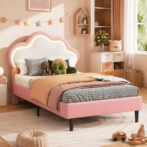 OLIVIBED Polsterbett Kinderbett 90x200cm, Einzelbett mit Lattenrost und Verstellbares Kopfteil in Wolkenform, Bett für Erwachsenen & Jugendbett, Ohne Matratze, Rosa, PU
