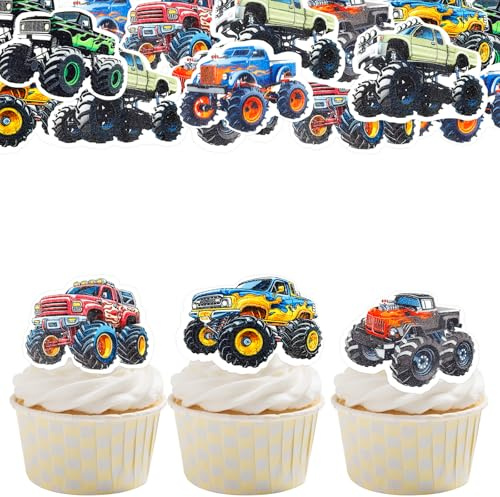 ENLACE 48 Stück Esspapier Tortendeko Monster Truck Geburtstag Deko | Auto Kuchen Deko Essbar, Cupcake Topper Monstertruck, Tortendeko Auto, Essbare Monster Truck Muffin Topper Geburtstagdeko