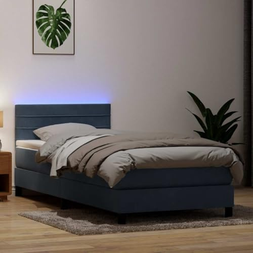 Owoxanthellate Boxspringbett Dunkelgrau 90x220 cm Samt Taschenfederkernmatratze höhenverstellbares Kopfteil LED Ambientebeleuchtung Modernes Design für Schlafzimmer Gästezimmer Jugendzimmer