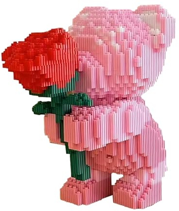 Bear Building Blocks Figure for Valentine's Day, Bouquet Bear Building Blocks, DIY 3D Puzzle Bears Micro Buildings Block with Rose, Collectible Display Model Gifts for Couple Home Desktop Decor