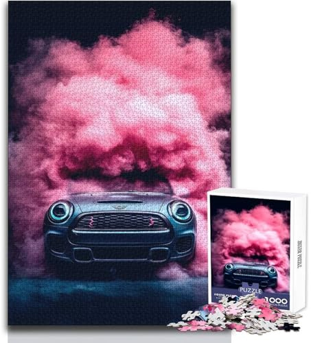 1000-Teile-Puzzle für Erwachsene, Mini Cooper in Pink Smoke–Entspannender und ruhiger Spielspaß für drinnen, präzises Zuschneiden, Größe 38x52cm