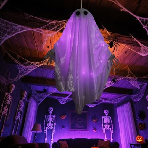 Decorazione luminosa per Halloween con mani pieghevoli, figura appesa da 80 cm, effetto luce misteriosa viola, braccia flessibili e snodabili per casa infestata, cortile, (con corda leggera)
