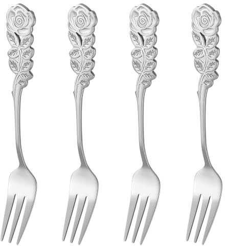 SamHeng Rose Dessert Forks, 4 Pcs Vintage Embossed Fruit Forks, Cake Fork | Mini Pastry Forks, Salad Forks, Stainless Steel, for Pickle French Fries Appetizer, for Restaurant Home, 5.12 Inch