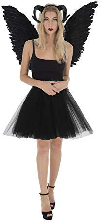 Zac's Alter Ego Halloween Fancy Dress Costume Evil Ram Witch Devil Horns, Tutu & Large Feather Wings Set