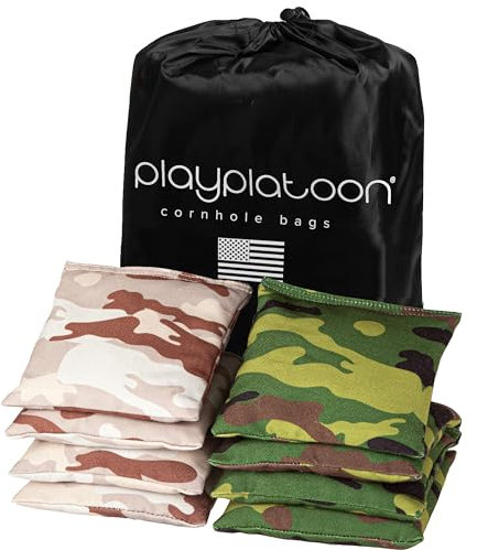 Play Platoon Wetterfeste Cornhole Bags – Set mit 8 Maisloch-Sitzsäcken – Grüne Tarnung & Wüsten-Camo – strapazierfähiger Maislochbeutel aus Entenstoff für Wurfspiel, inklusive Tragetasche
