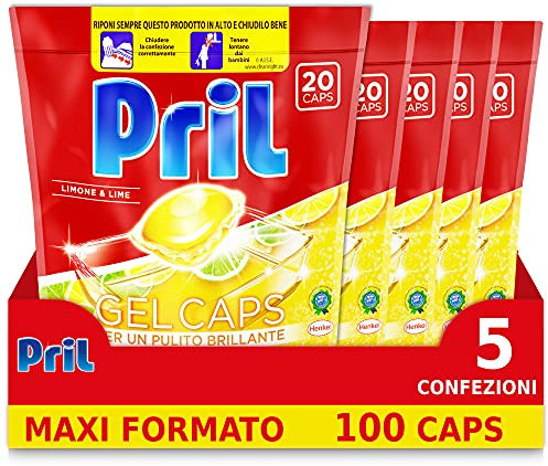 Pril Gel Caps Zitrone & Limette, Spülmaschinenreiniger, glänzend, 5 x 20 Kapseln