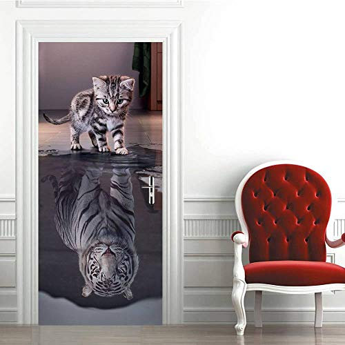 ZCFGG Türtapete 3D Katze, Spiegelbild, Tiger Türaufklebe Selbstklebend Türposter Türtapete Türfolie Wandbild TürPoster PVC Küche Wohnzimmer Schlafzimmer Haus Dekoration 77x200cm