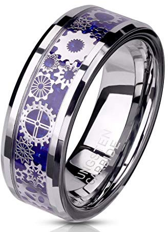 Paula & Fritz® Ring Herren Wolframcarbid Zahnräder Gr. 64 (20,4) Silber Blau 8-mm Breit Herren-Ring Damenring Verlobungsring Motivring Partnerring