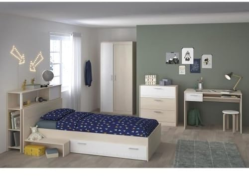 CHARLEMAGNE Komplettes Kinderzimmer - Kopfteil + Bett + Kommode + Kleiderschrank + Schreibtisch - modern - Helles und weißes Akaziendekor