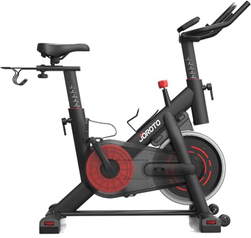 JOROTO Heimtrainer Fahrrad mit Exklusiver App,0-100% Magnetwiderstand, leises Ergometer Hometrainer für Indoor-Workouts, mit LCD-Monitor, Tablet- und Getränkehalter, bis 120 kg (Schwarz)