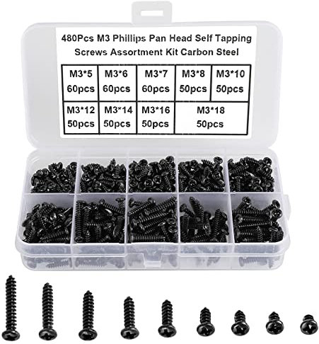 FandWay 480Pcs Self Tapping Screws Black,M3 Small Wood Screws Kit,Round Head Self Drilling Screw,Pan Head Sheet Metal Screw Phillips/Cross Drive for DIY WoodWork Repairs.