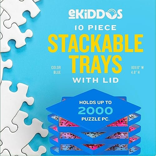 10 Puzzle Sorting Trays with Lid | Portable Puzzle Accessories Black Color Makes Pieces Stand Out to Better Sort Patterns, Shapes and Colors | for Puzzles Up to 2500 Pieces (Blue)