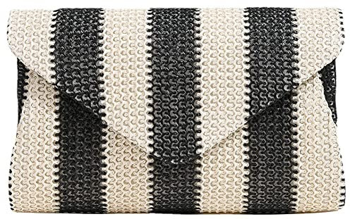 Obosoyo Straw Crossbody Bag, Clutch, Woven Shoulder Bag for Women - Summer Beach Envelope Purse Wallet, Black, Medium