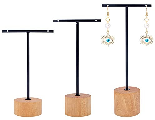 FINGERINSPIRE Schwarzer Metall-3-teiliger T-Bar-Ohrring-Ausstellungsständer mit Holzsockel Schmuckhalter zum Aufhängen von Schmuck-Organizer für den Einzelhandel Fotografie-Requisiten