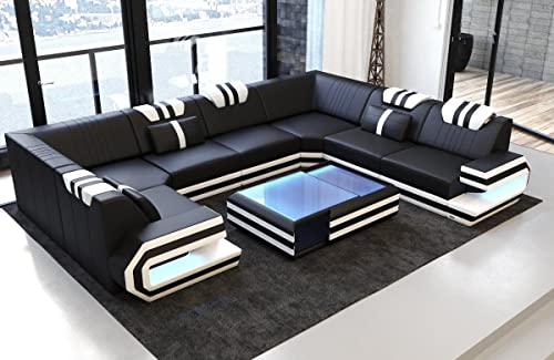 Sofa Wohnlandschaft Ragusa Ledersofa U Form - mit LED Beleuchtung, verstellbare Kopfstützen/Lederfarben wählbar/Ausrichtung wählbar (Lange Seite rechts, Schwarz-Weiß)