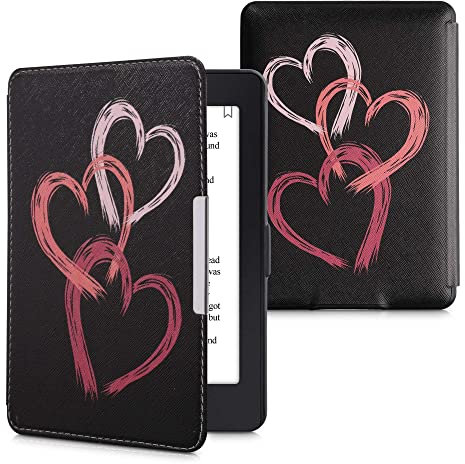 kwmobile Klapphülle kompatibel mit Amazon Kindle Paperwhite Hülle - eReader Case (für Modelle bis 2017) - Pinsel Herzen Altrosa Rosa Schwarz