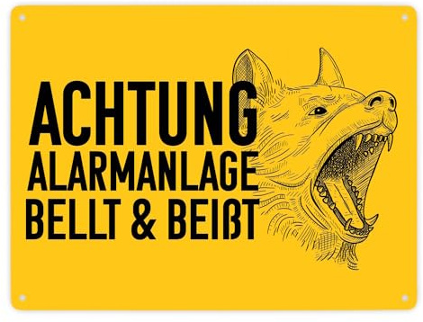 Achtung Alarmanlage bellt und beißt Metallschild XXL in 28x38 cm mit Hunde Motiv Blechschild für Hundebesitzer mit bellendem Hund um Einbrecher abzuschrecken für deine Sicherheit