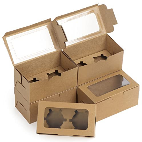 Coptiner 50 Stück Cupcake Box 2er, Cupcake Muffin Box mit Fenster und Einsätzen Kraftpapier Geschenkboxen für Muffins Gebäck Cupcakes Kuchen Kekse