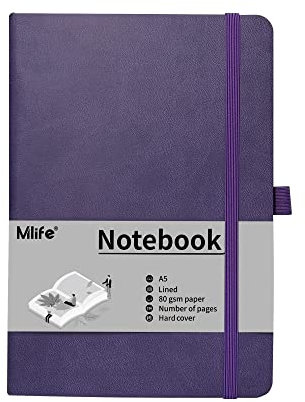 Mlife A5 Journal Notizbuch, 192 Seiten, Hardcover mit elastischem Verschlussband und Falttasche(Lila)