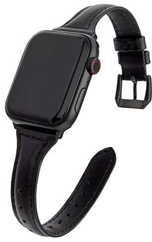 SEURE Kompatibel mit Apple Watch Armband 49mm 46mm 45mm 44mm 42mm,Damen Herren Soft Uhrarmband Slim Ersatzarmband Lederarmband mit Edelstahl-Verschluss für Serie SE/8/7/6/5/4/3/2/1 Schwarz/Schwarz