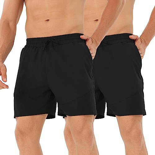 HOPLYNN Men's 2 Pack Running Shorts Lightweight Breathable Sports Gym Training Shorts with Drawstring and Zippered Pockets