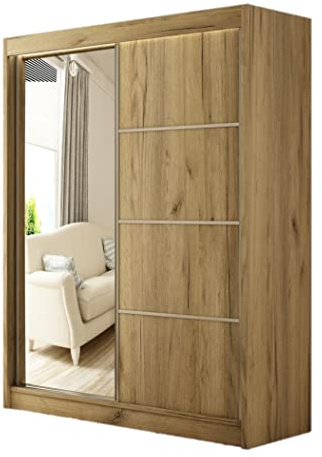 Margaret Hadas24 Kleiderschrank Padwa 200 mit Spiegel, Organizer, Mehrzweckschrank, Schwebetürenschrank, Garderobenschrank, Kleiderstange, Kleiderständer, Flurschrank, Schrank, 2-türig,braun