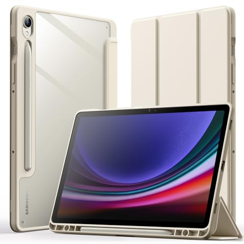 JETech Funda para Samsung Galaxy Tab S9 11 Pulgadas con S Pen Soporte, Clara Transparente PC Respaldo, Carcasa Antigolpes Trifold Soporte Tableta, Auto-Sueño/Estela (Beige)