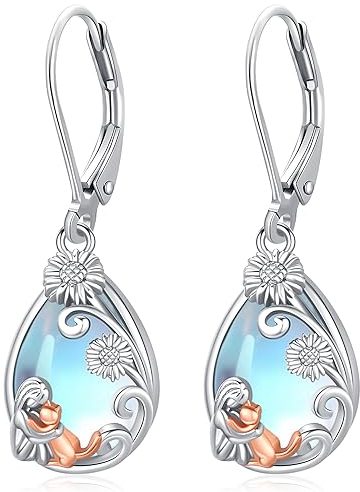 Mondstein Ohrring Sterling Silber 925 Katze und Mädchen Mondstein Damen Ohrring Tropfen Hängend Ohrringe Hypoallergen Schmuck für Frauen Mädchen