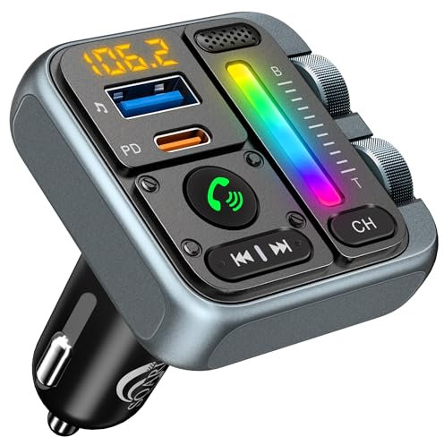 SOARUN Bluetooth Car Adapter 5.3, 57W PD & USB Fast Car Charger, FM Transmitter, Hands-free Calling, Music Player, Bass Treble Lossless Sound, Supports 64G Drive