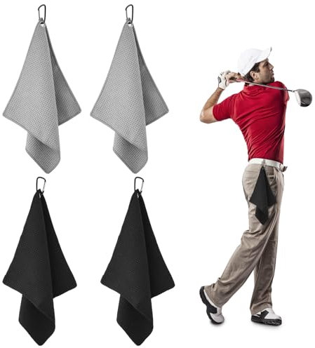 PEUTIER 4pcs 11.8 x 11.8 Golf Towel, Absorbent Microfiber Cleaning Cloth for Ball, Club, Gray, Black