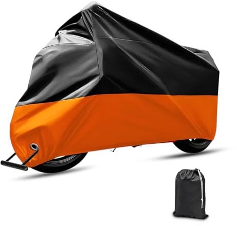 JNNJ Universal Waterproof Motorcycle Tarpaulin Cover, Motorbike Tarpaulin Outdoor Waterproof Cover, Resistant to Water Polyester Motorcycle Cover for Outdoor Scooter Motorcycle(Black/Orange)