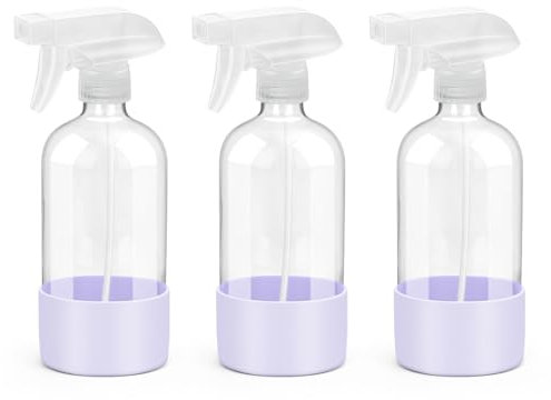 Rionisor Glass Spray Bottles with Silicone Sleeve Protection, Empty 16 oz Refiilable Containers, Reusable Spray Bottles with Adjustable Nozzle for Hair, Cleaning Solutions, 3 Pack Purple