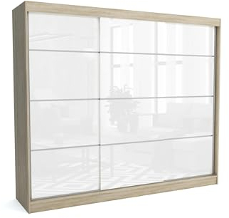 Brent - Kleiderschrank Schiebetüren July, 250cm Breit, Schlafzimmerschrank mit 1 Kleiderstange und Einlegeböden für Kleidung, Kleiderschrank Sonoma Eiche/Weiß Hochglanz