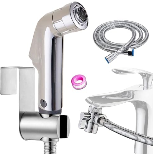 Bidet Portatile Kit Doccetta ,Spruzzatore per WC con doppia modalità, in ABS, con Deviatore 2 Vie, con Tubo 1,5m e Supporto