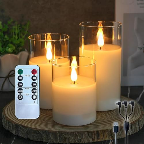 NICE POINT LED Rechargeable Candles with Remote Timer, Real Wax Flameless Candles, Flickering Teardrop Wick, USB Long-Lasting Battery for Indoor Outdoor Home Wedding Christmas Decor (3-Pack)