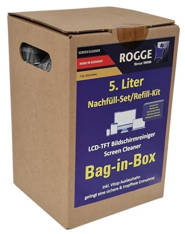 ROGGE Bildschirmreiniger 5 Liter Abfüllsystem. Für alle Sprayflaschen geeignet. Original Reiniger für LED - LCD - TFT - OLED - Plasma - TV Displays Streifenfrei und biologisch abbaubar
