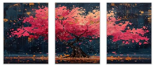 JOSUE 3 Pcs Peinture Sur Toile Tableau Arbre De Vie Paysage d’arbre Tableau Peinture Sur Toile,Rose, noir Peinture Moderne Artistique Salon Decoration Murale- 50x70cmx3 Sans cadre