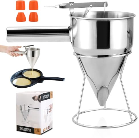 NATGAI 1200ML/40OZ Stainless Steel Pancake Batter Dispenser | with 4PCS Silicone Nozzles, Multi-Caliber Funnel Cake Dispenser with Stand, Fit for Pancakes, Waffles, and Baked Goods