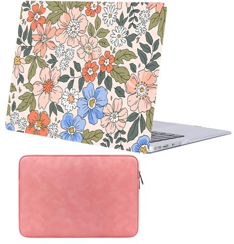 FFBOFFC Funda Compatible con MacBook Pro 13 Pulgadas 2015 2014 2013 2012 Versión con Pantalla Retina Modelo A1502 A1425, Plástico Carcasa Dura Protectora Estuche & Laptop Bolsa, Flor Rosa & Azul