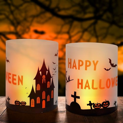 Halloween Deko Halloween Windlicht 12 Pcs Halloween Tischdeko Kürbis Deko Ledermaus Hexe Spinnennetz Grabstein Halloween Deko Innen Halloween Deko Set Kürbis Windlicht Deko Teelichter Kerzen Verzieren