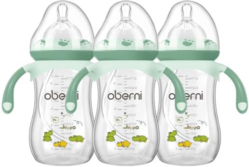 Oberni Biberon con cannuccia weighted, biberon anti-colica per neonati a partire dai 12 mesi in su, 270 ml, con tettarella in silicone, taglia 4, manici, verde, 3 pezzi