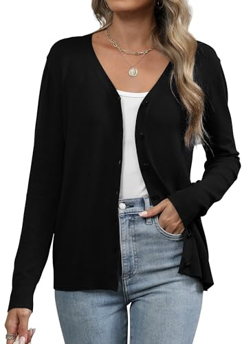 Famrrifuu Gilet Femme Cardigan avec Bouton Col en V Été Printemps Manches Longues Veste Tricot Léger Casual Gilets