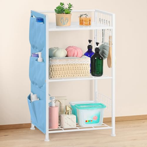 3 Tier Bathroom Shelf White Ladder Shelf Rack Wood Shelving Units Laundry Shelf Organizer with Storage Bags and Hooks for Bathroom Living Room Laundry Room