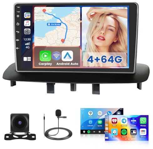 Hikity 4G+64G Autoradio Android 15 für Renault Megane 3 2009-2014, 2-DIN-Autostereo mit Wireless Carplay, Android Auto, 9-Zoll-Touchscreen, GPS, WiFi, FM/RDS, 32EQ, Kamera, Mikrofon