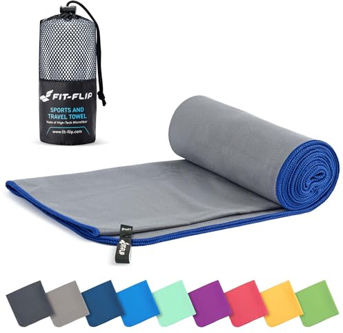 Fit-Flip Microfibre towel - compact, ultra lightweight & quick dry - perfect for gym, travel & beach - swimming towels for sports, camping & hiking (80x180cm gray-darkblue + bag)