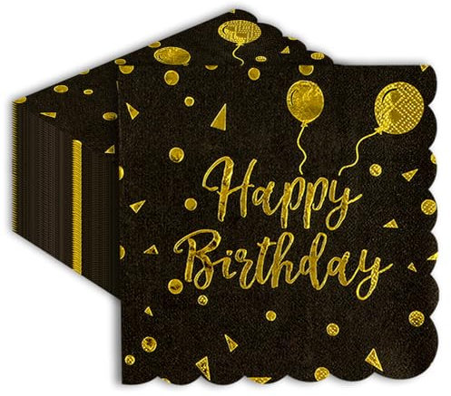 40 Stück Schwarz Gold Servietten,33x33cm Happy Birthday Scalloped Einweg Cocktail Dinner Hochzeit Party Einwegpapier Servietten für Mädchen Geburtstag Party Zubehör Dekoration