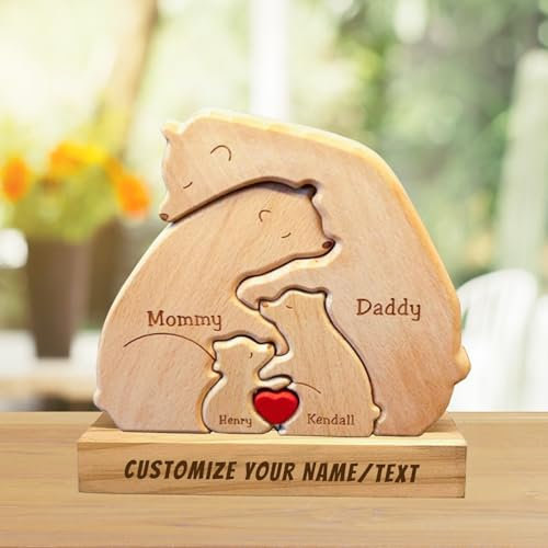 Personalized Wooden Bear Puzzle with 2-7 Family Name Custom Family Name Sculpture, Personalised Gifts for Mom Dad Kids Grandma Mother’s Day, Birthdays Anniversary (A-1)
