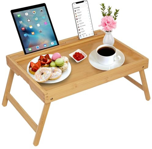 Bett Tablett Tisch mit faltbaren Beinen, Bambus Frühstück Food Tablett mit Media Slot, Verwendung als Platte, Laptop Schreibtisch, Snack, TV Tablett Küche Serving Tablett (Bambus groß)